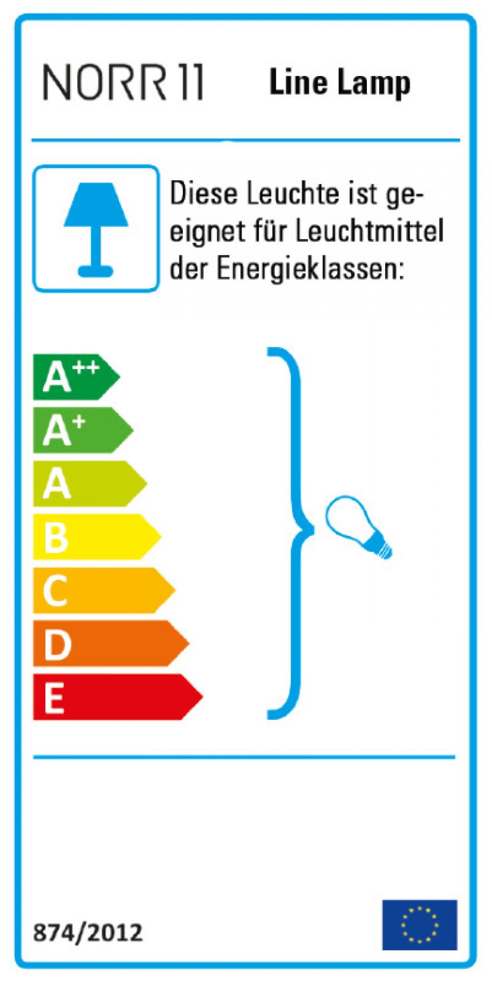 Energieeffizienzlabel für NORR11 Line Lamp, geeignet für Leuchtmittel der Energieklassen A++ bis E.