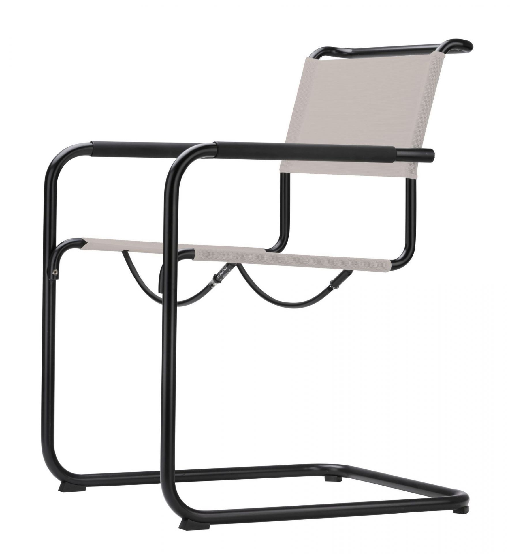 Schwarzer Thonet S 34 N Freischwinger für den Außenbereich mit beigem Stoffbezug, seitliche Ansicht.