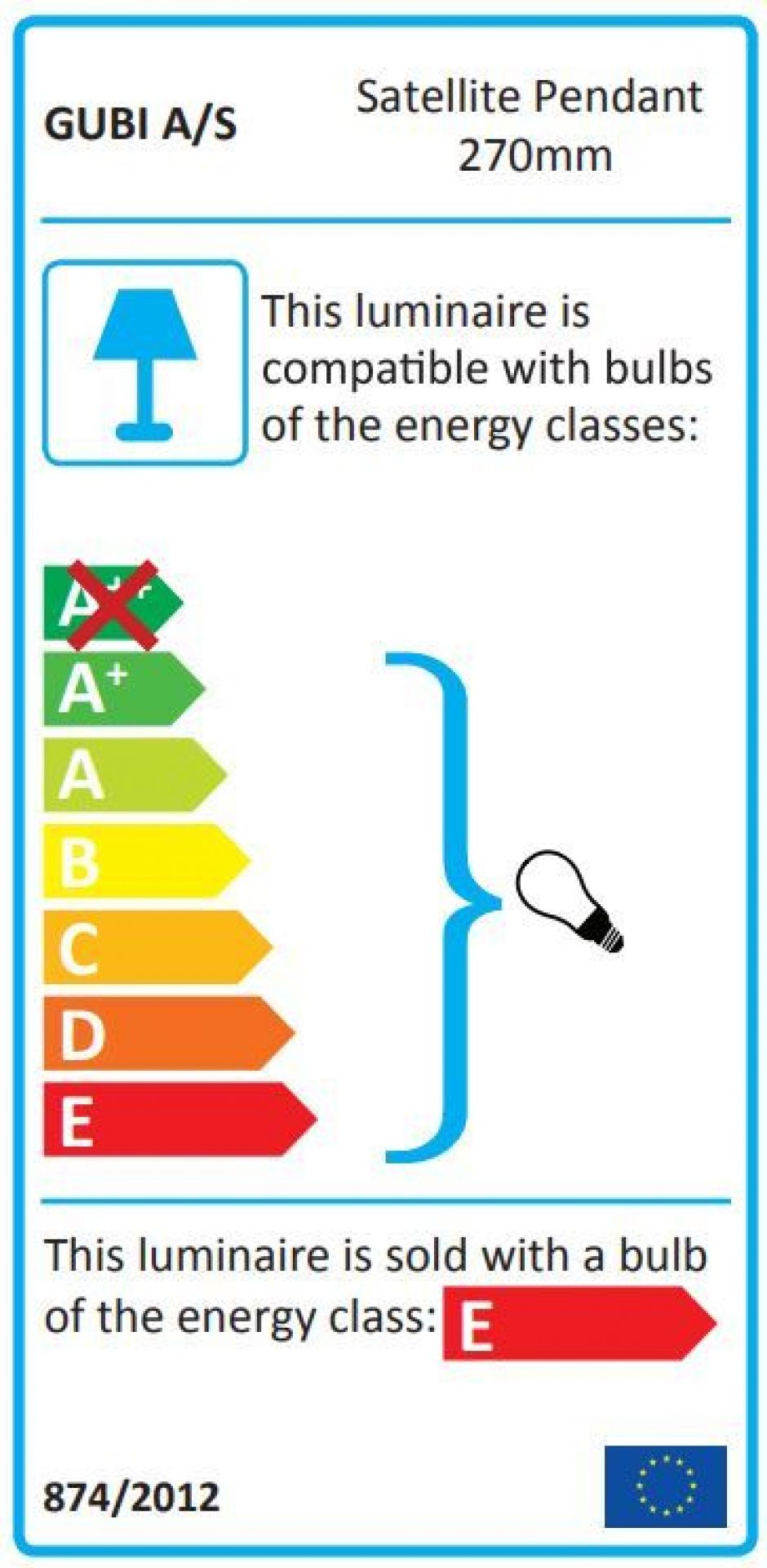 Energieeffizienzlabel für Gubi Satellite Pendelleuchte. Informationen zu kompatiblen Leuchtmitteln und Energieklassen.