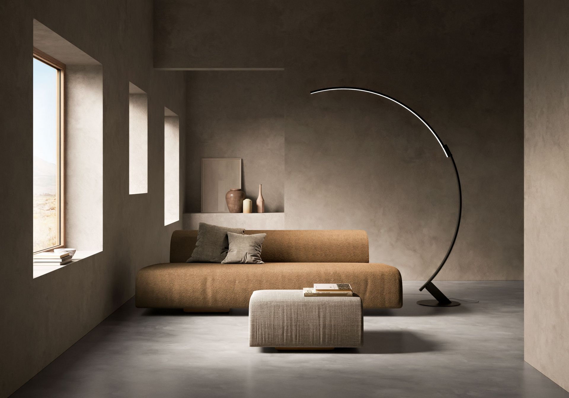 Kyudo Stehleuchte von Kdln in modernem Wohnzimmer mit Sofa und Fenster. Design Lampe.