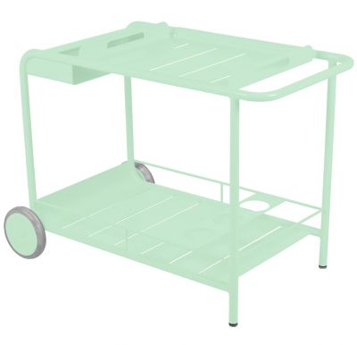 Opalgrüner Fermob Servierwagen für den Outdoor-Bereich mit zwei Ablageflächen und Rollen.