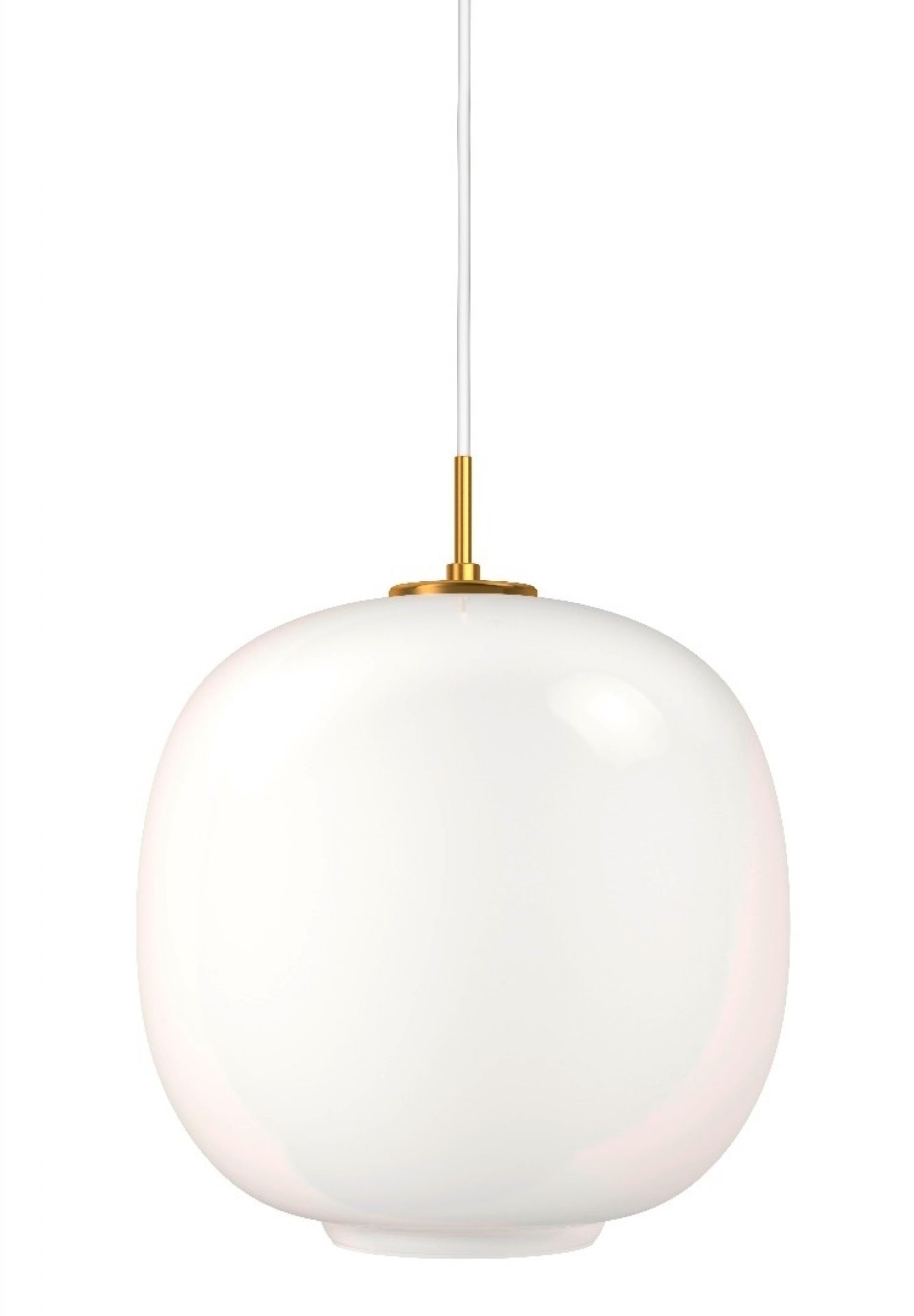 Nahaufnahme der VL45 Radiohus Pendelleuchte von Louis Poulsen, weiße Kugel mit goldenen Details.
