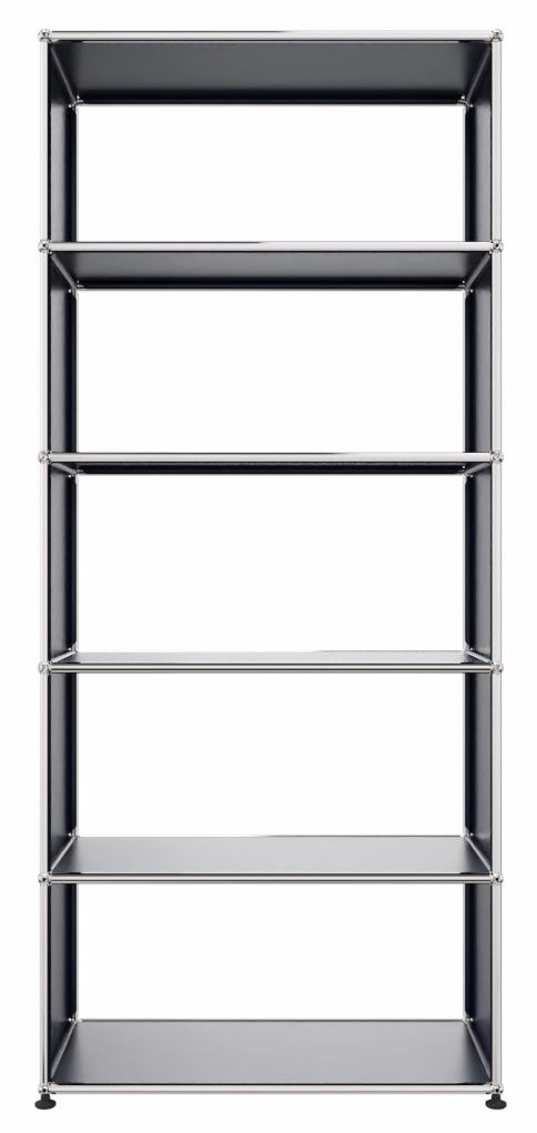 USM Haller Regal in Stahlblau mit fünf Fächern und verchromtem Gestell, modernes modulares Möbeldesign.