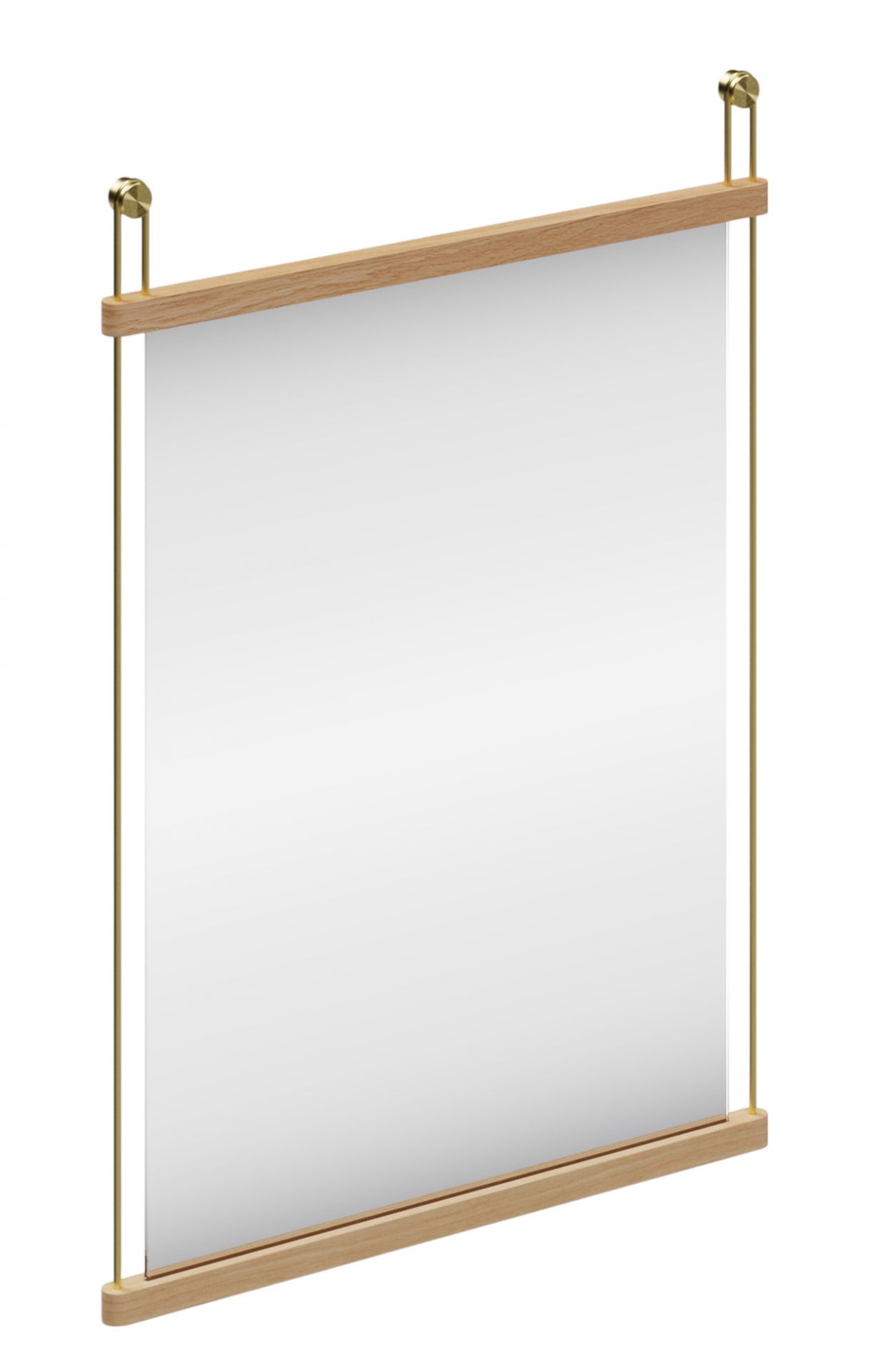 Woud Suspended Mirror Small: Rechteckiger Wandspiegel mit hellem Holzrahmen und goldenen Aufhängungen.