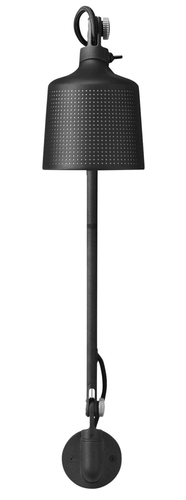 Schwarze Vipp Wandlampe mit perforiertem Lampenschirm und verstellbarem Arm für flexible Beleuchtung im modernen Design.