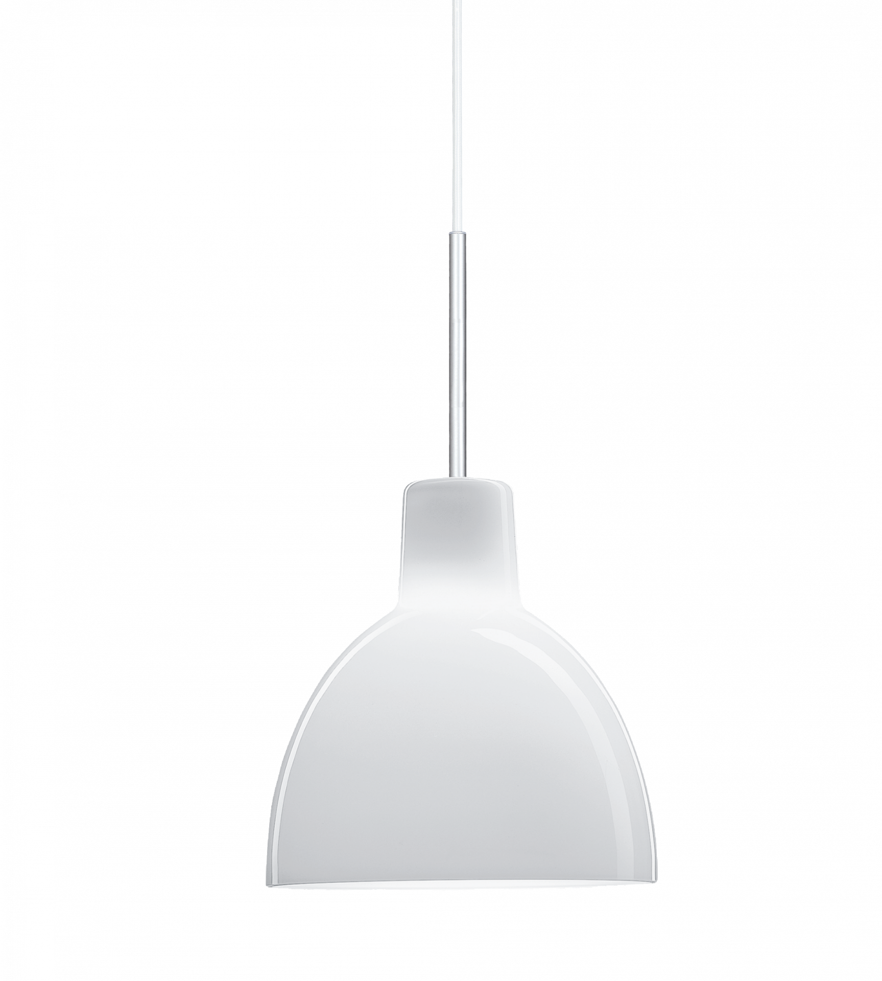 Nahaufnahme der Louis Poulsen Toldbod Pendelleuchte aus Glas, modernes skandinavisches Design für Wohn- und Esszimmer.