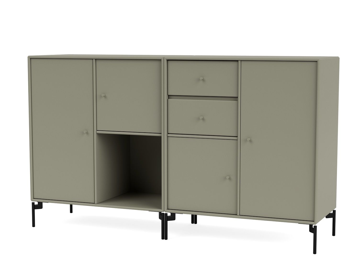 Modernes Couple Sideboard mit schwarzen C-Gestell, Türen, Schubladen und offenem Fach. Stauraum Möbel.