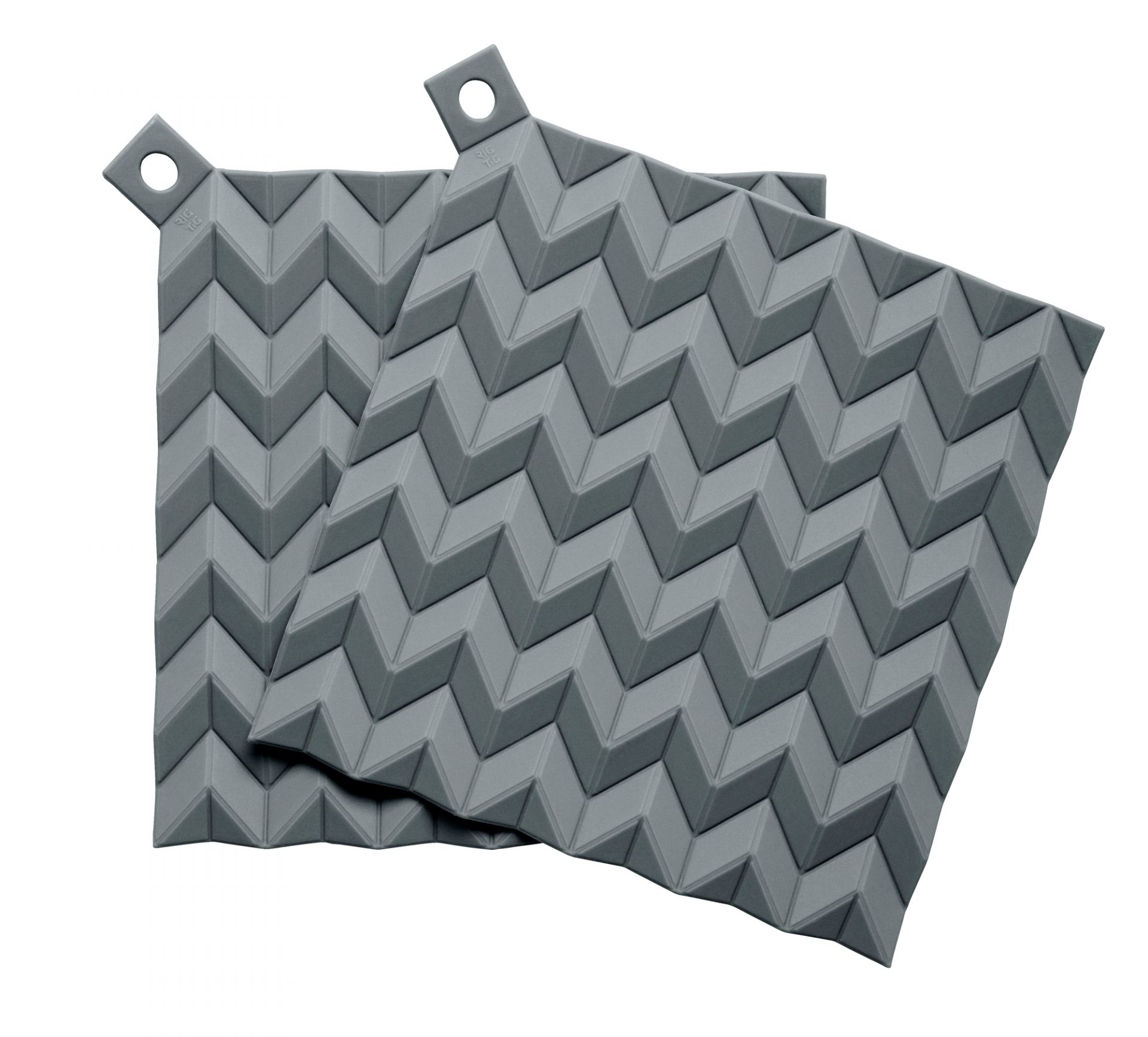 Zwei blaue RIG-TIG by Stelton Hold-On Topflappen mit Zickzackmuster und Aufhängeloch. Küchenhelfer für heiße Töpfe.