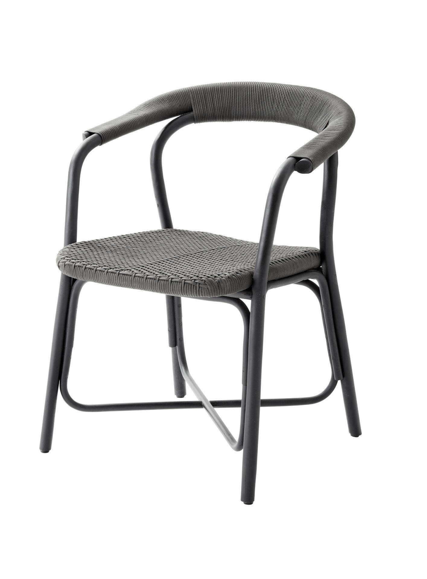 Grauer Cane-Line Noble Stuhl mit Armlehnen und geflochtener Sitzfläche, modernes Design für Garten und Terrasse.