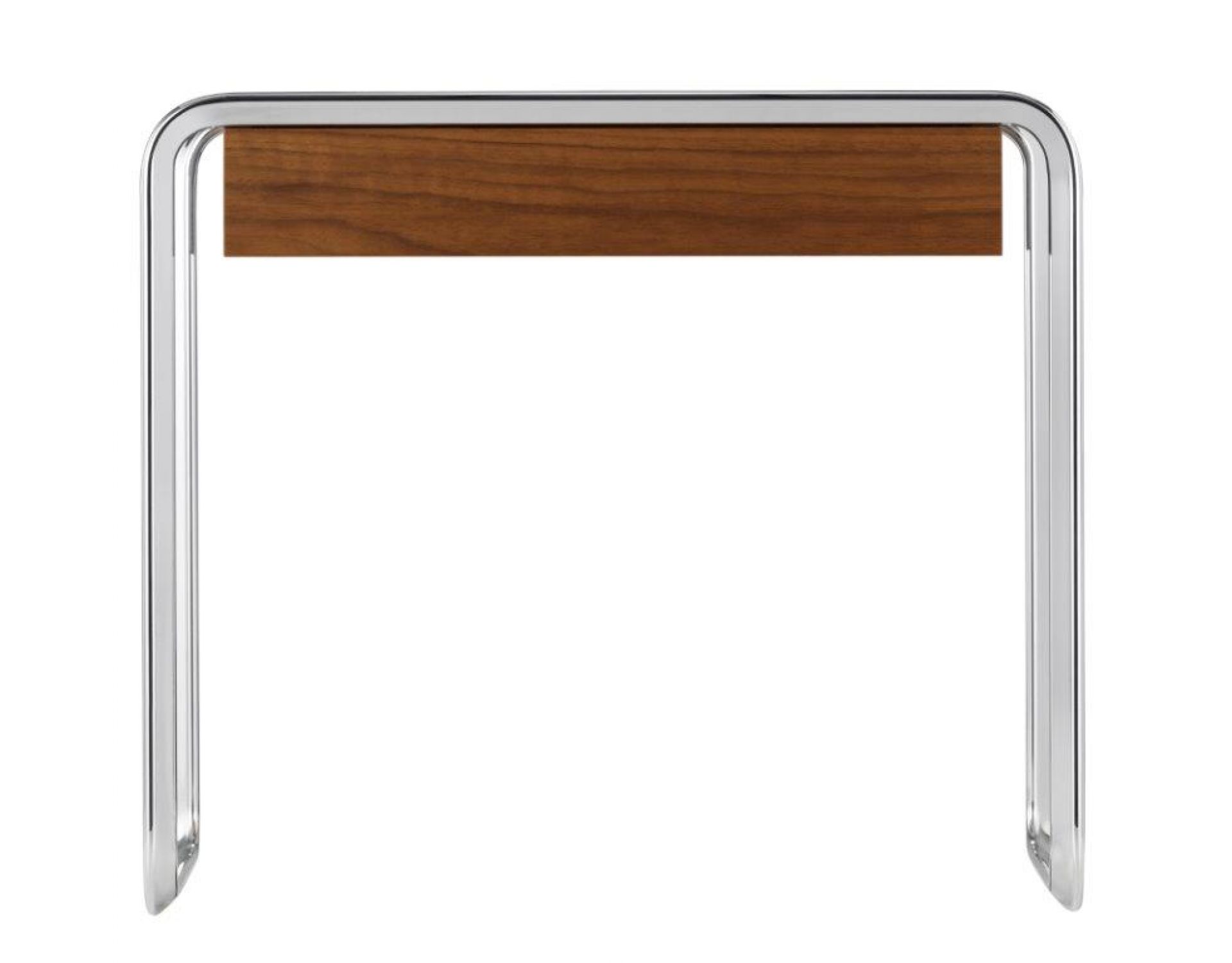 K2A Oblique Beistelltisch von Tecta mit verchromtem Gestell und Holzplatte, modernes Design.