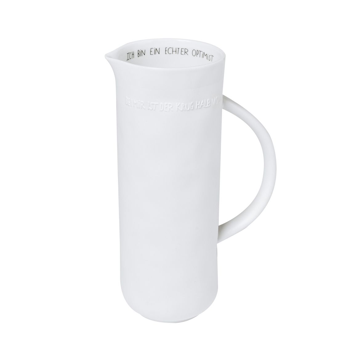 Weißer Krug mit Henkel und Aufschrift "Ich bin ein echter Optimist", Räder Guten Morgen Krug.
