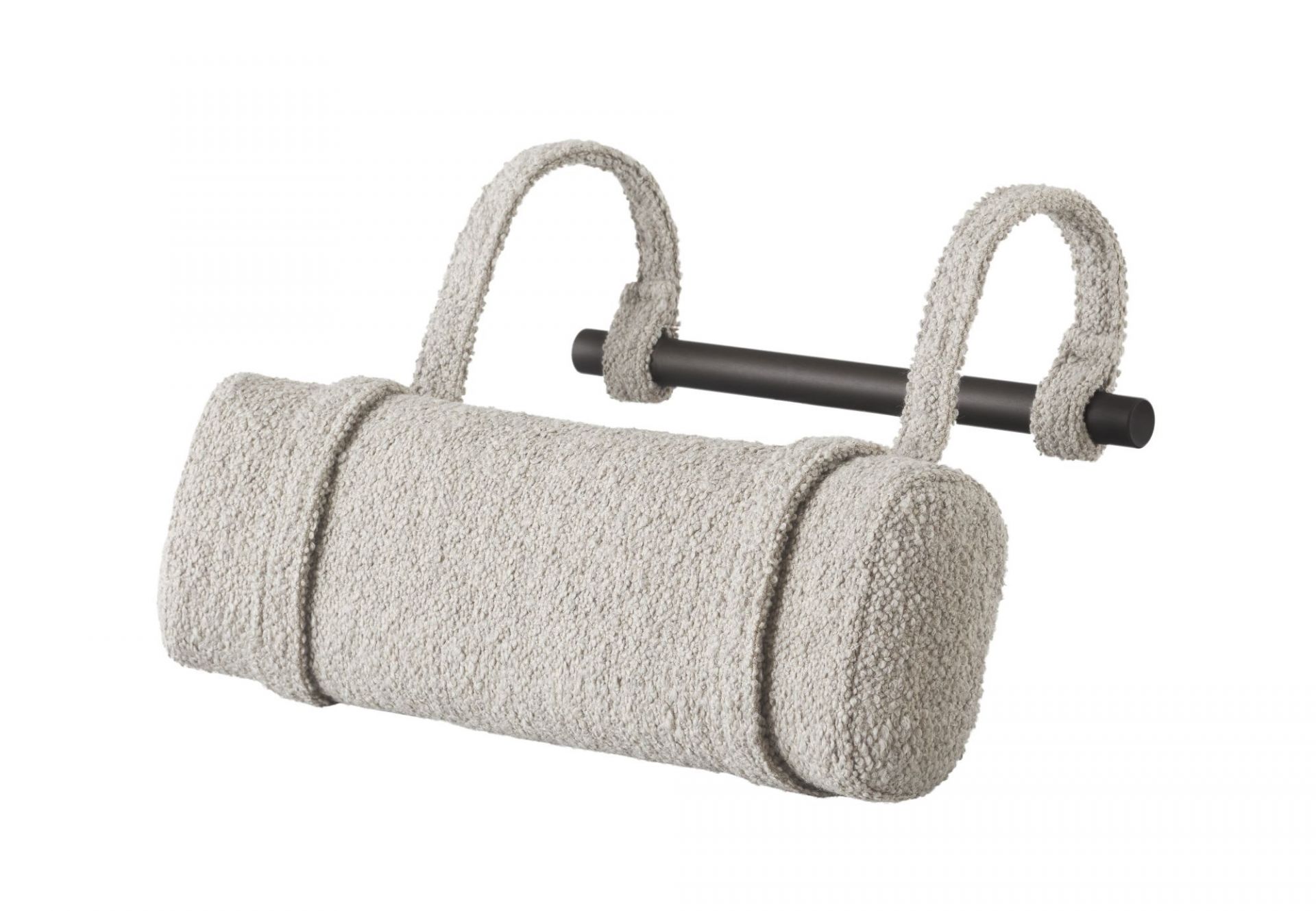 Lodge Nackenstütze: Graues, zylinderförmiges Kissen mit Schlaufen an einer schwarzen Stange. Komfort und Design.