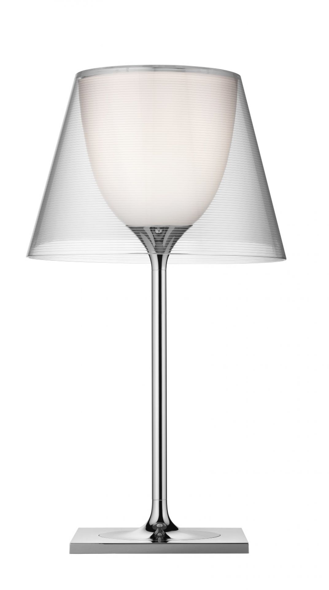 Ktribe T1 Tischleuchte von Flos mit transparentem Schirm und Chromfuß. Moderne Tischlampe für Wohnzimmer.