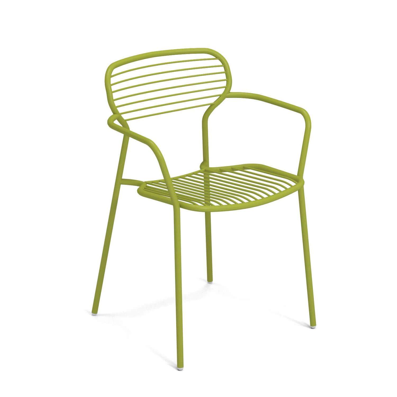 Grüner Apero Stuhl mit Armlehne von Emu, Gartenstuhl aus Metall, Outdoor-Möbel.