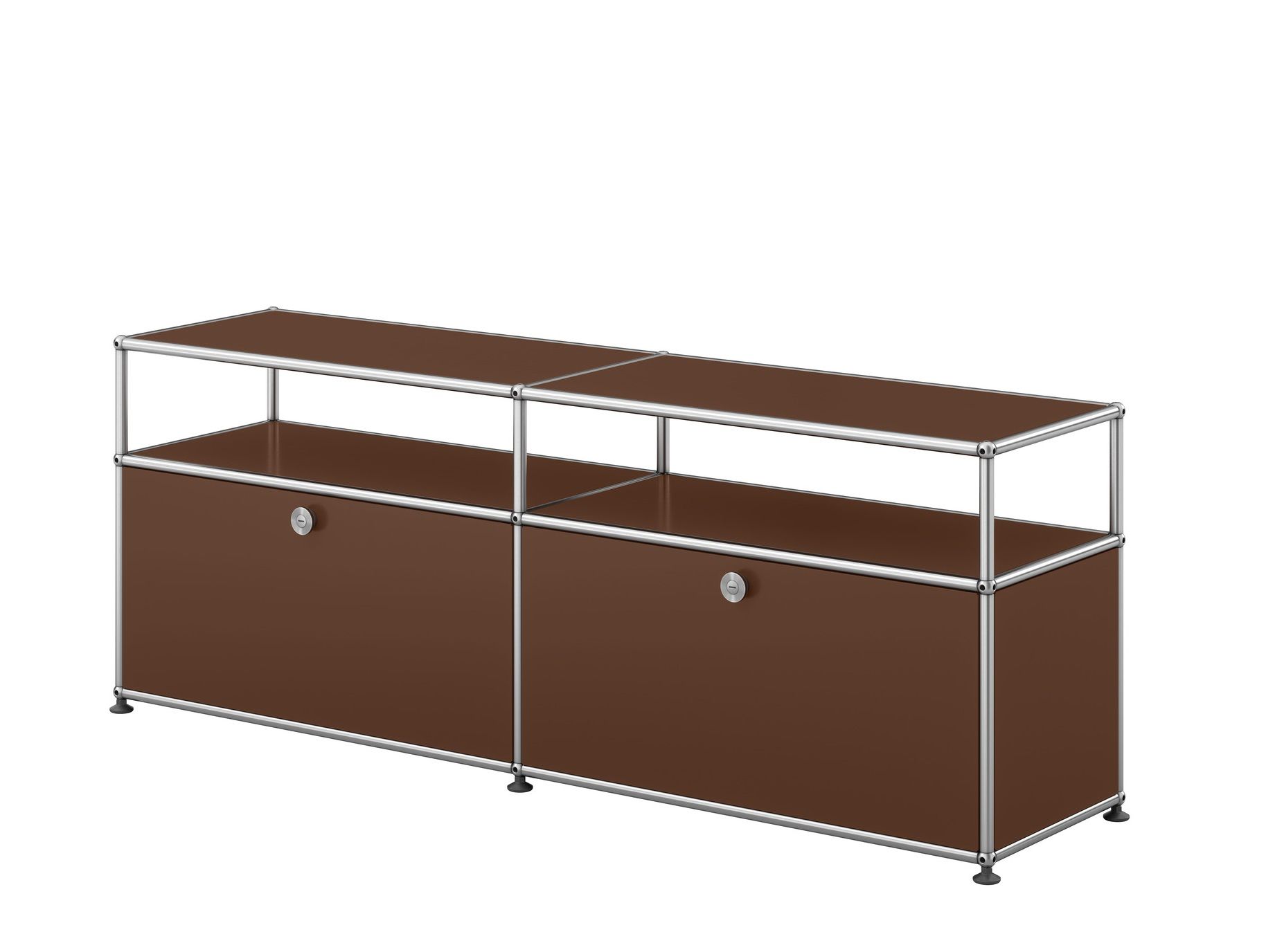 Braunes USM Haller Sideboard mit zwei Fächern und verchromtem Gestell für TV- und Hi-Fi-Geräte.