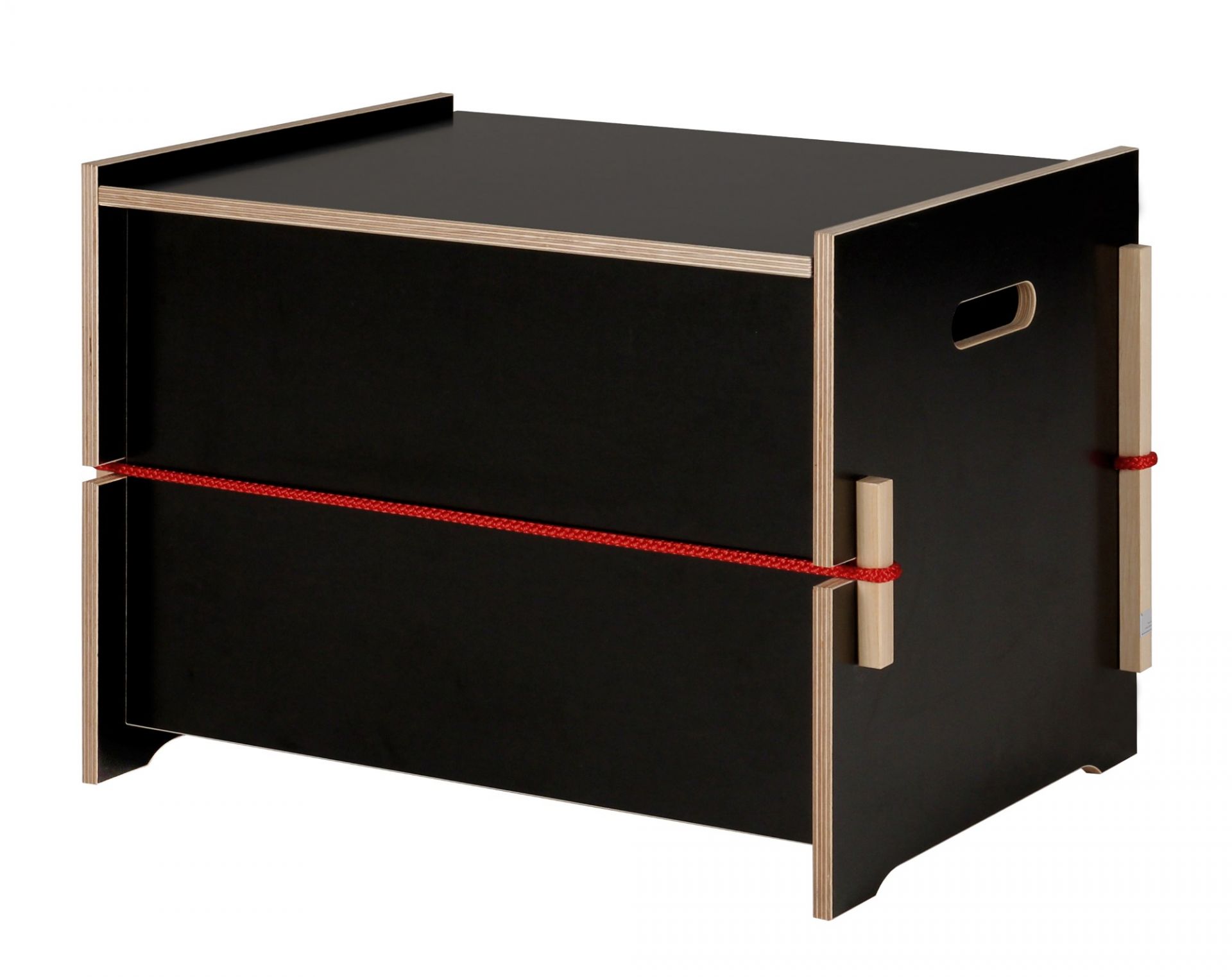 Schwarzer Moormann Trude Aufbewahrungsschrank aus Holz mit roter Kordel, ideal für Kinderzimmer und Büro.