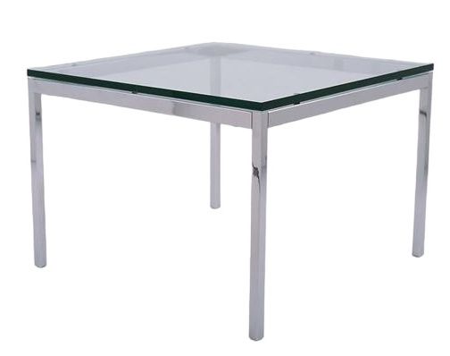 Florence Couchtisch von Knoll International: Quadratischer, niedriger Tisch mit Glasplatte und Chromgestell.
