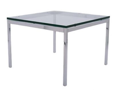 Florence Couchtisch von Knoll International: Quadratischer, niedriger Tisch mit Glasplatte und Chromgestell.