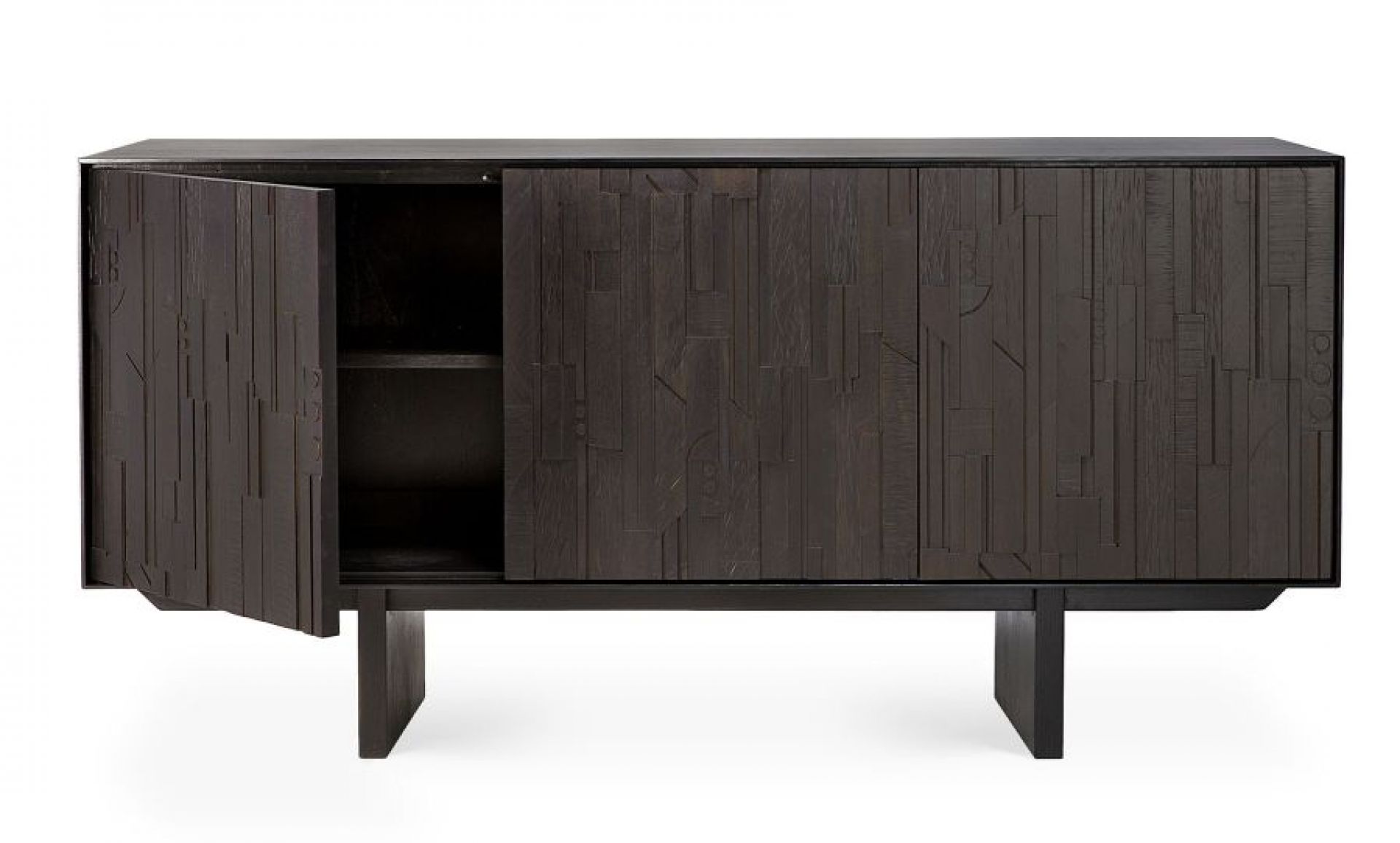 Mosaic Anrichte von Ethnicraft aus Teakholz mit offener Tür und markantem Mosaikmuster.