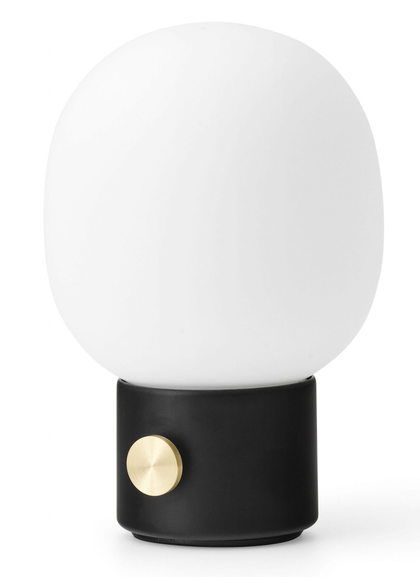 JWDA Tischleuchte tragbar: Schwarzer Sockel mit weißem Glasdiffusor und goldenem Dimmer.