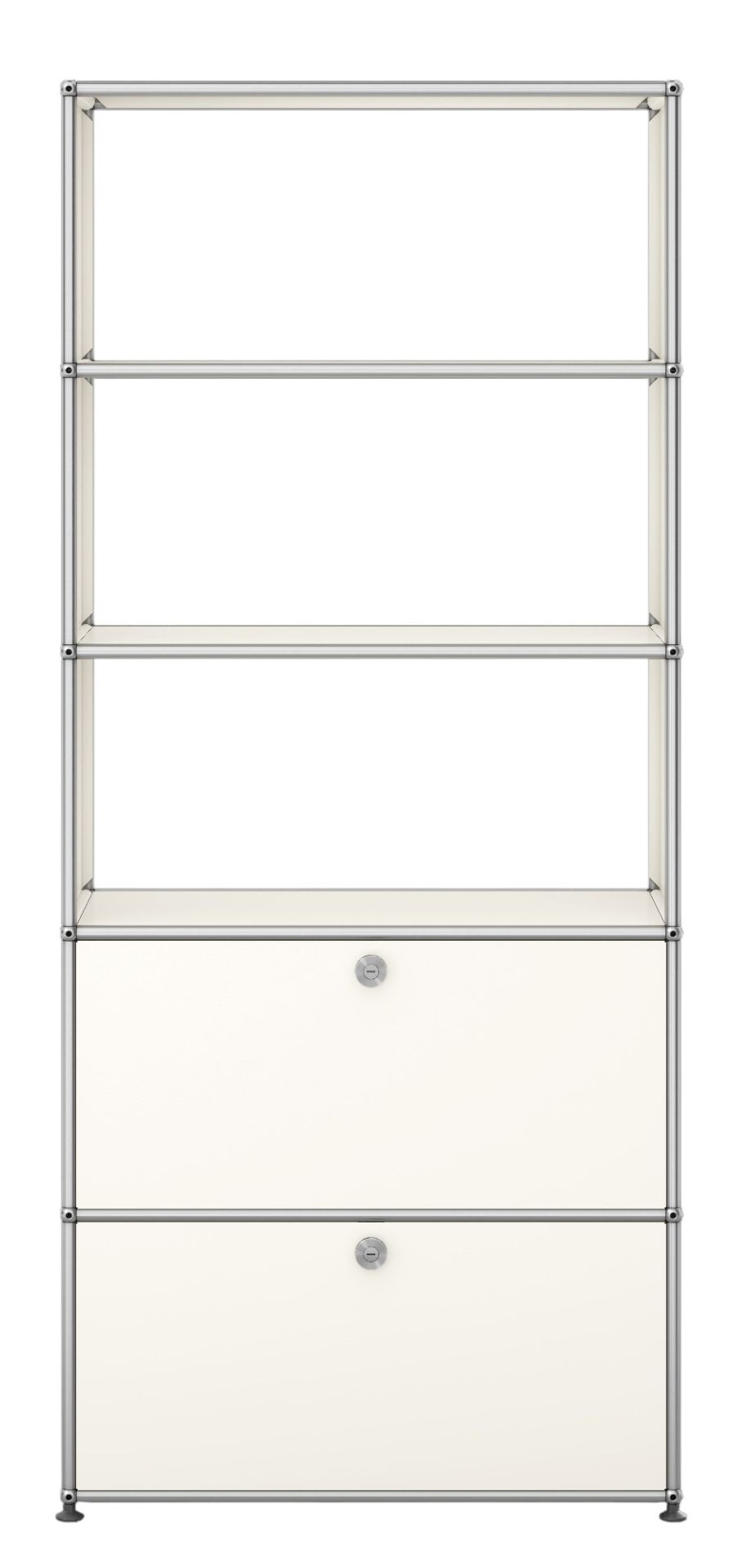 USM Haller Regal in Reinweiß mit zwei Klappen, modulare Möbel für stilvolle Wohnraumgestaltung.