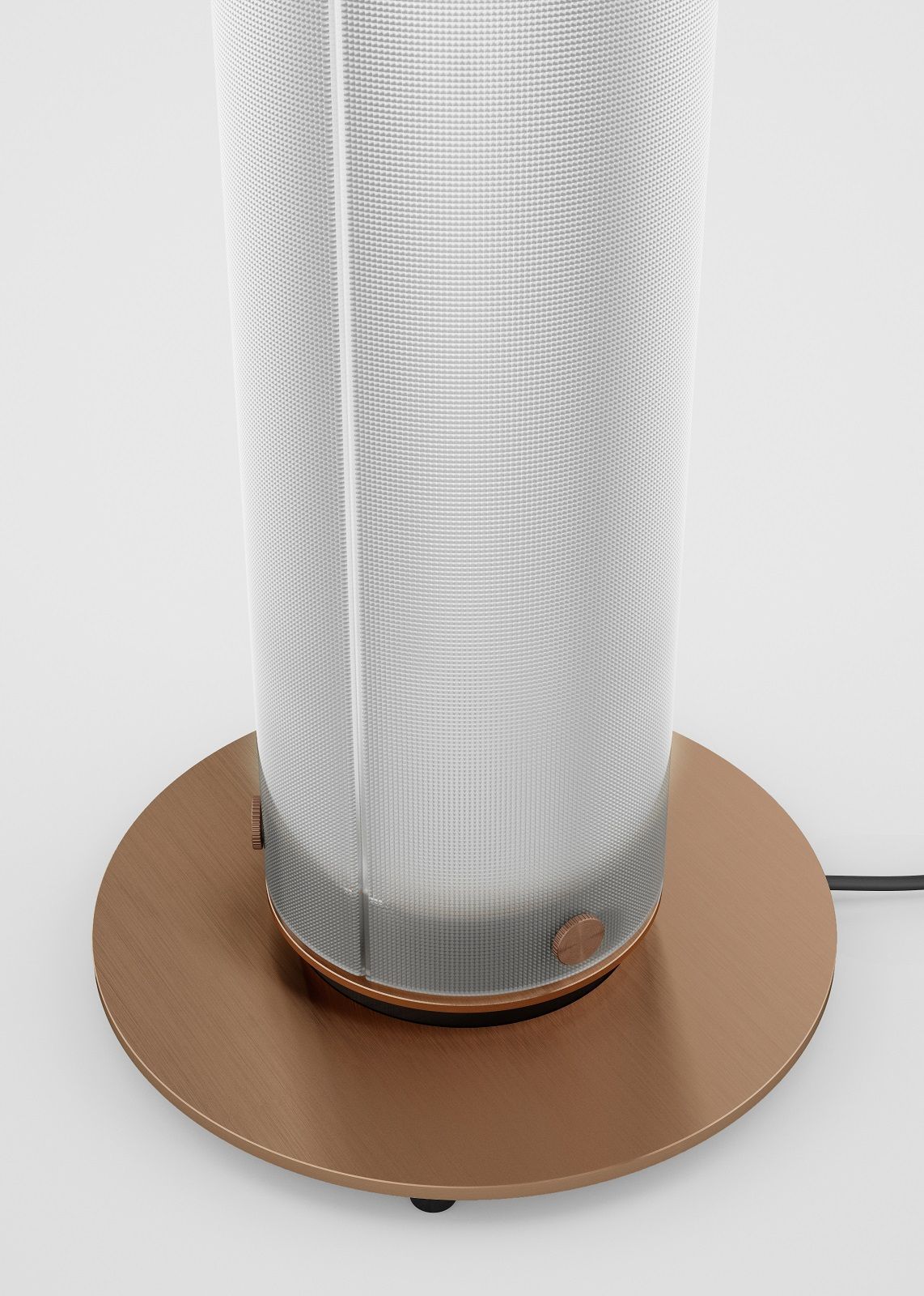 Detailaufnahme der Belux Twilight Stehleuchte mit zylindrischem Lampenschirm und bronzefarbener Basis.