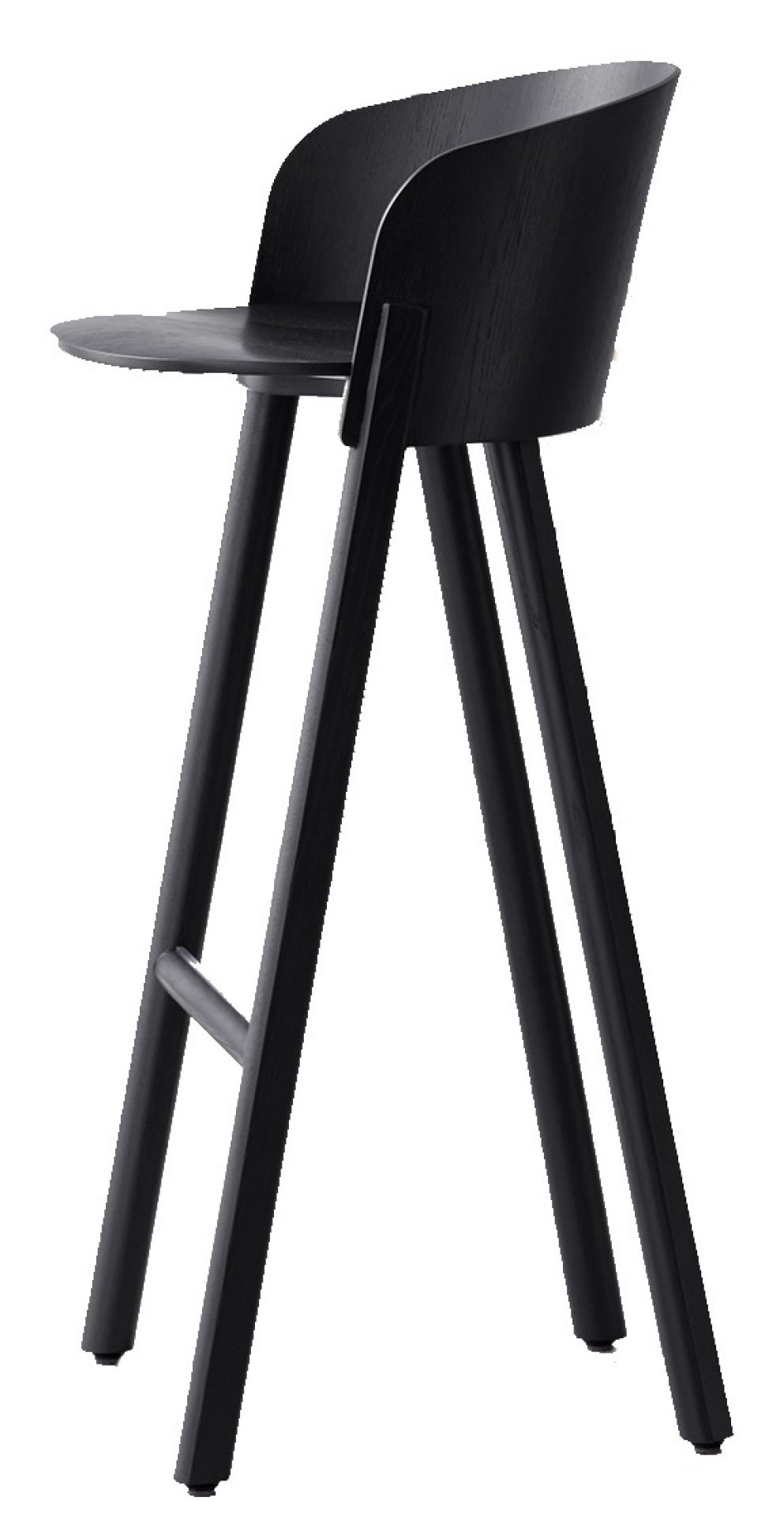 Schwarzer ST12 Barhocker von e15 aus Holz, seitliche Ansicht. Moderner Hocker für Küche und Bar.
