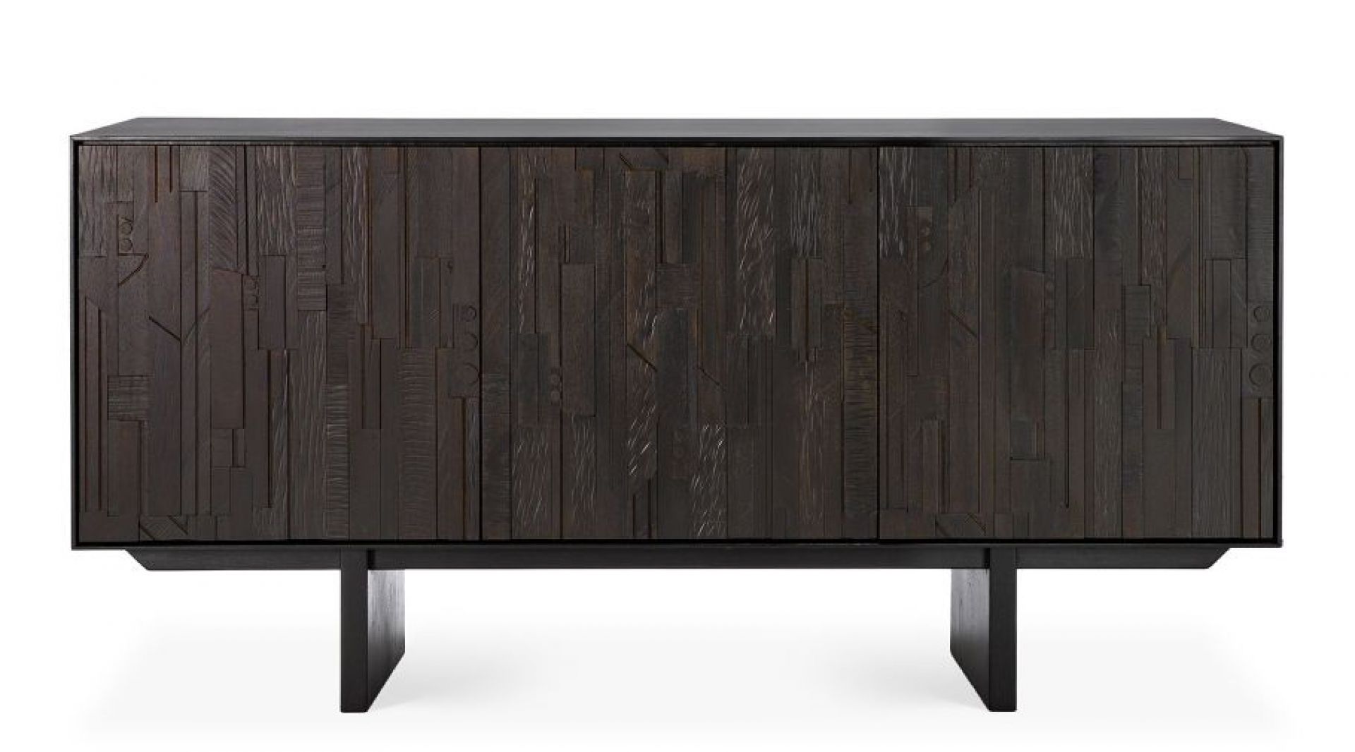 Ethnicraft Mosaic Anrichte aus dunklem Teakholz mit einzigartigem Mosaikmuster und minimalistischem Design.