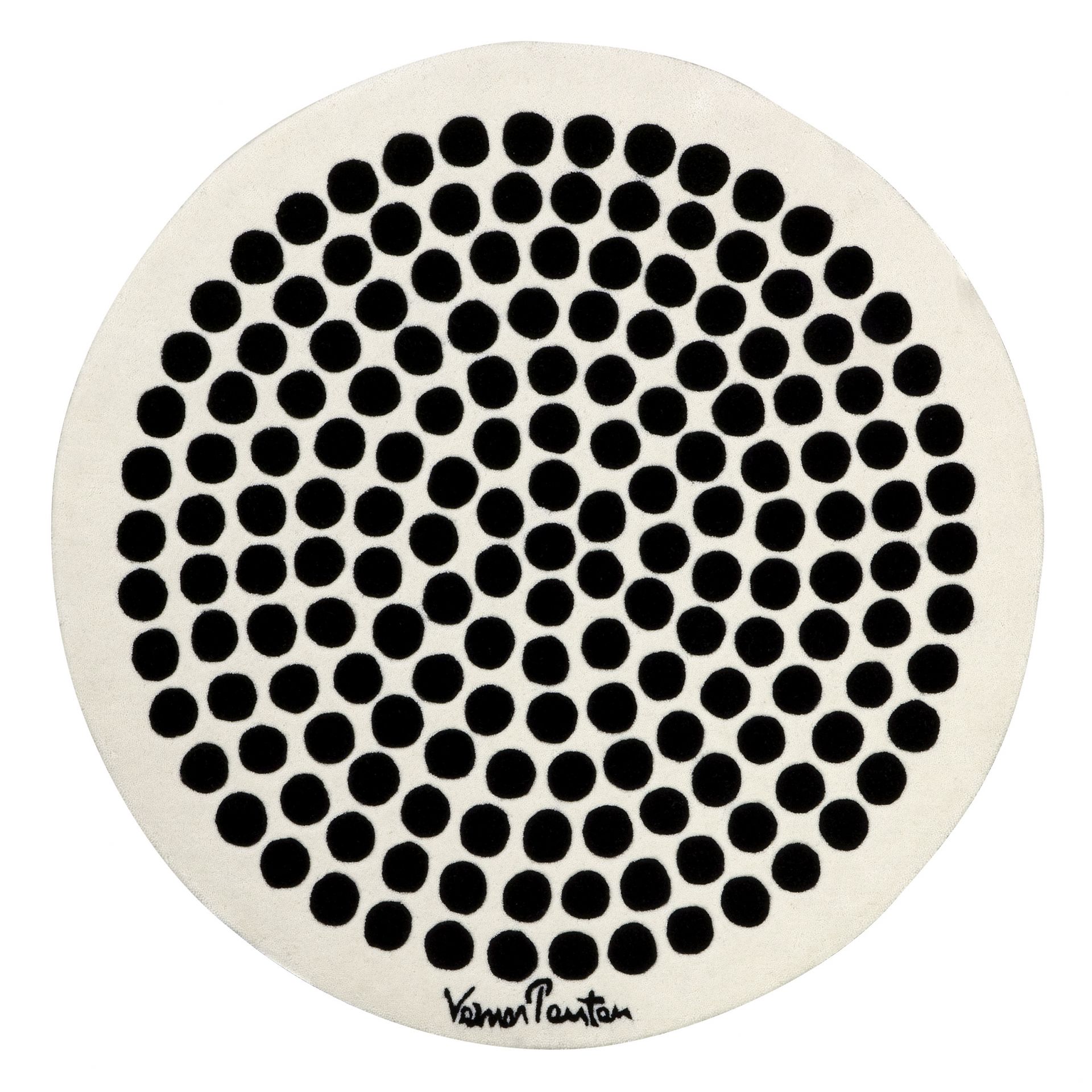 Runder Panton Teppich mit schwarzem Punktmuster auf weißem Grund, ein Designerteppich für Wohnräume.