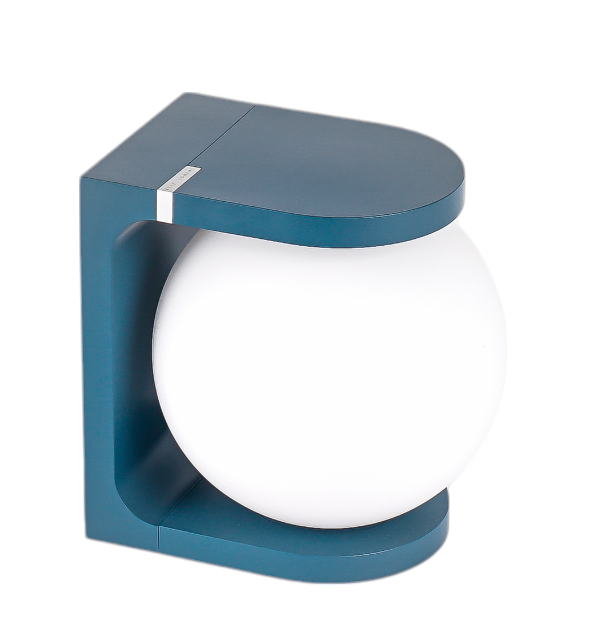 Blaue Plat Reading Lamp Tischleuchte mit runder, weißer Glaskugel für angenehmes Licht.