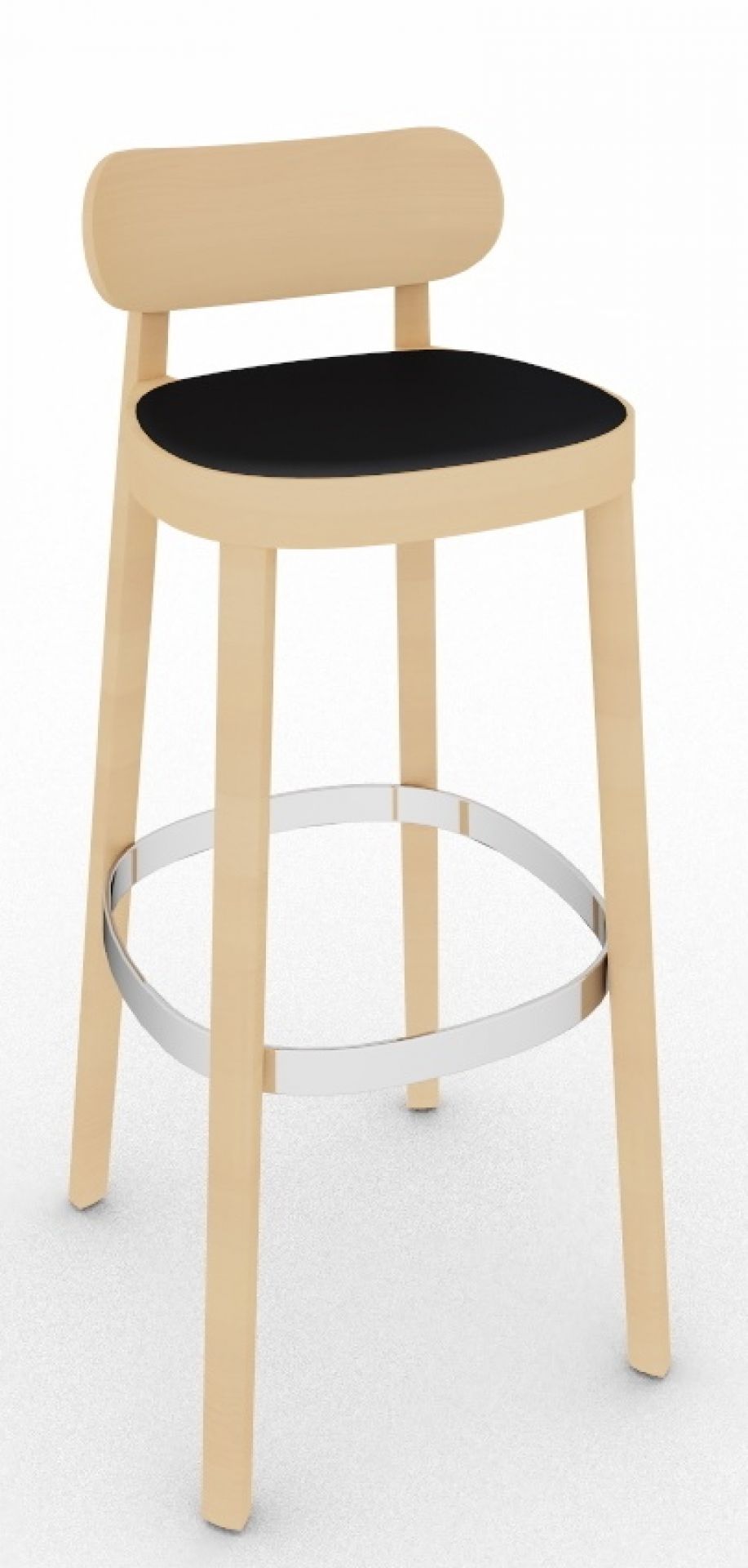 Thonet Holzstuhl 118 SPH mit schwarzem Sitz und Fußstütze aus Metall, helle Holzfarbe.