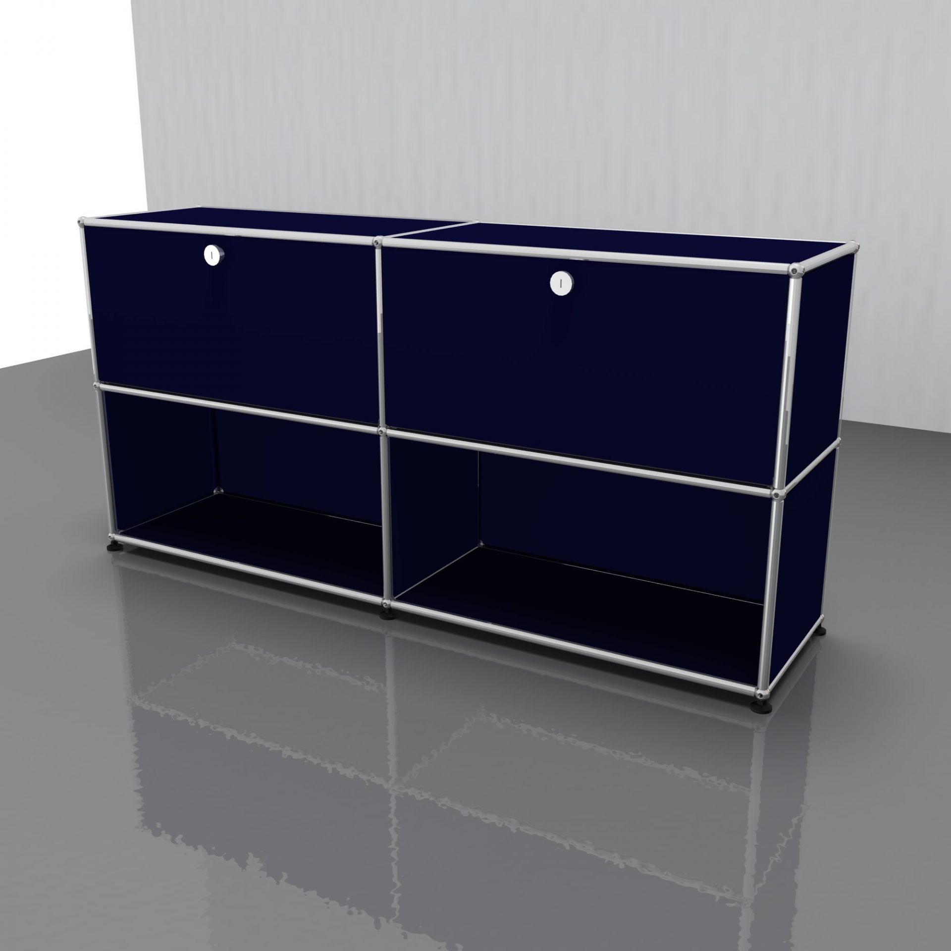 USM Haller Sideboard stahlblau mit zwei Klappen, Chromgestell und minimalistischem Design für modernes Wohnen.