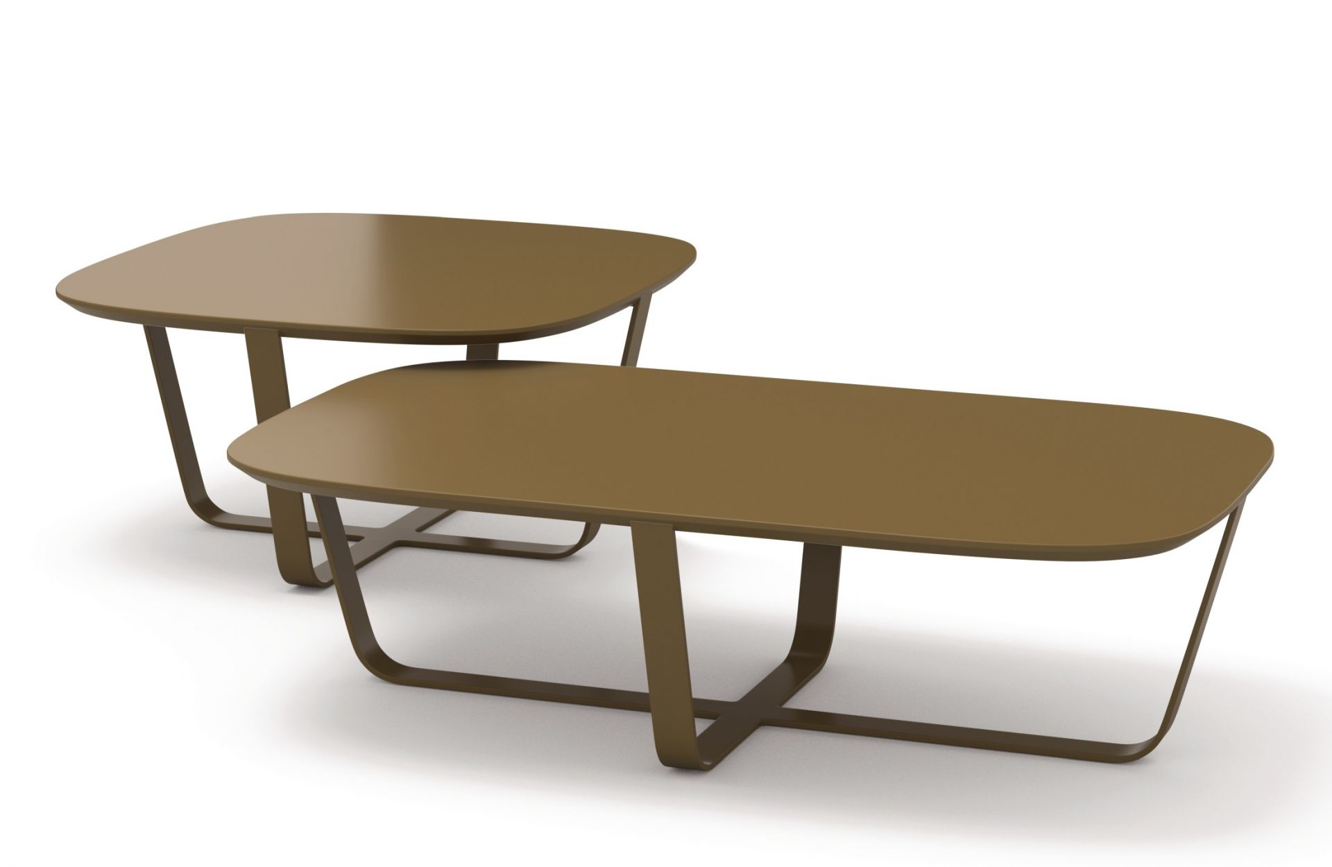 Nook Beistelltisch von Cor, zwei moderne Couchtische in Braun mit abgerundeten Ecken.