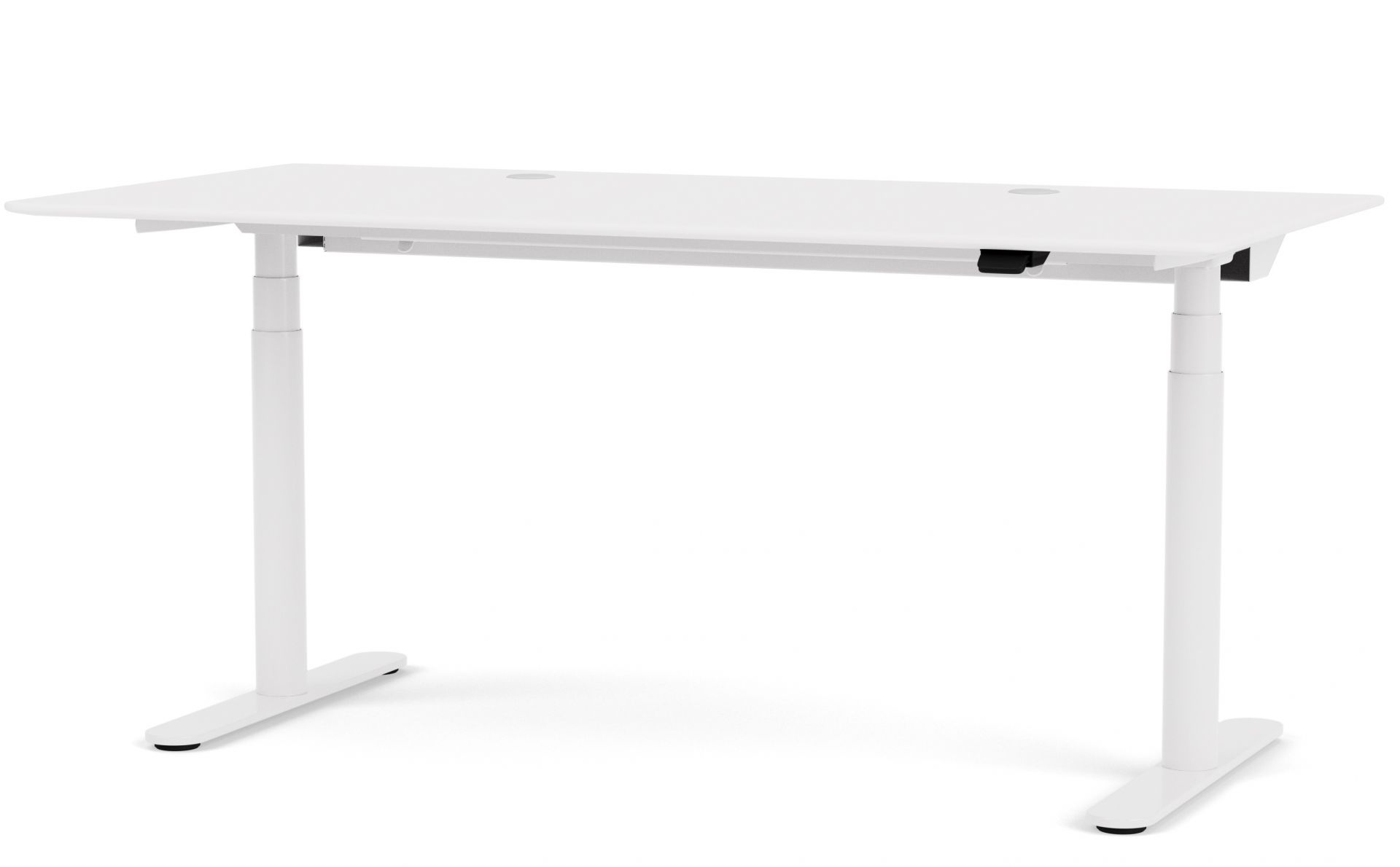 Weißer Hilow Tisch mit höhenverstellbarem Gestell für ergonomisches Arbeiten im Büro oder Homeoffice.