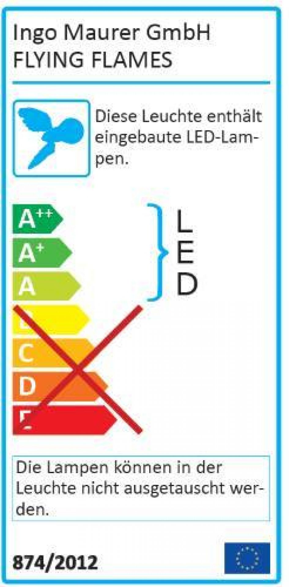 Energielabel der Ingo Maurer One New Flame Pendelleuchte mit Energieeffizienzklasse. LED-Leuchte mit nicht austauschbaren Lampen.