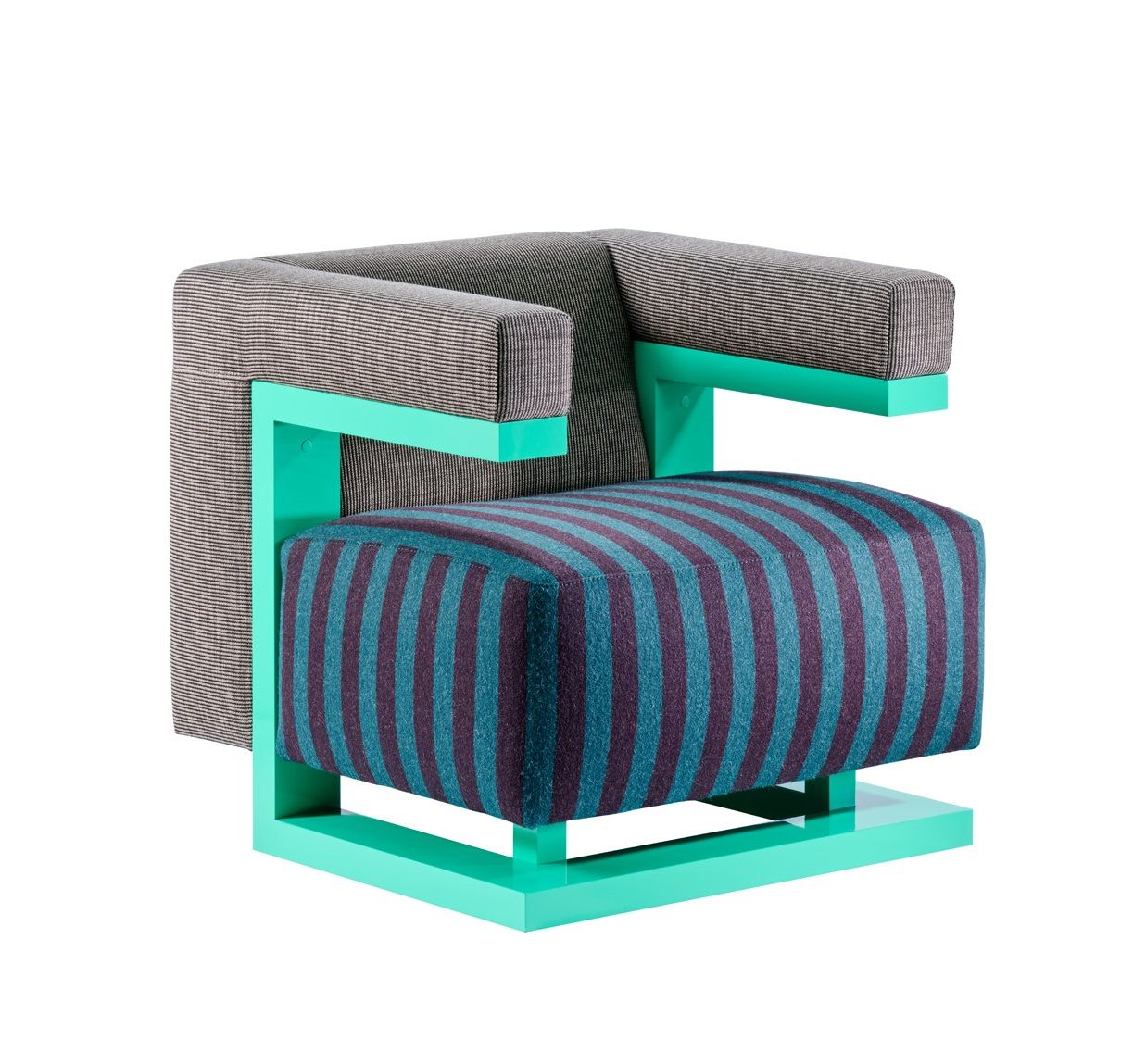 F51N Sessel Bauhaus Edition 2023 von Tecta: Moderner Sessel mit Streifenmuster und türkisfarbenem Gestell.