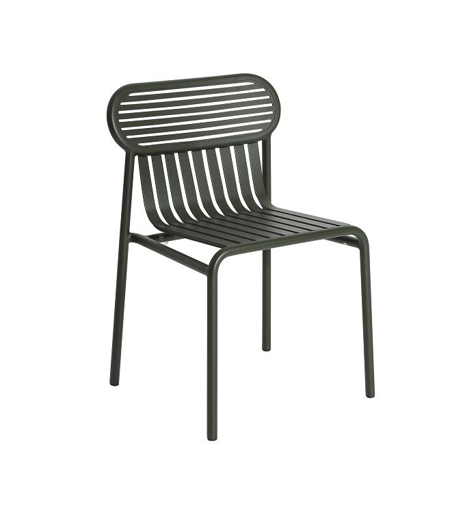 Week-End Stuhl von Petite Friture in Glasgrün, moderner Gartenstuhl mit Lattenmuster aus Metall.