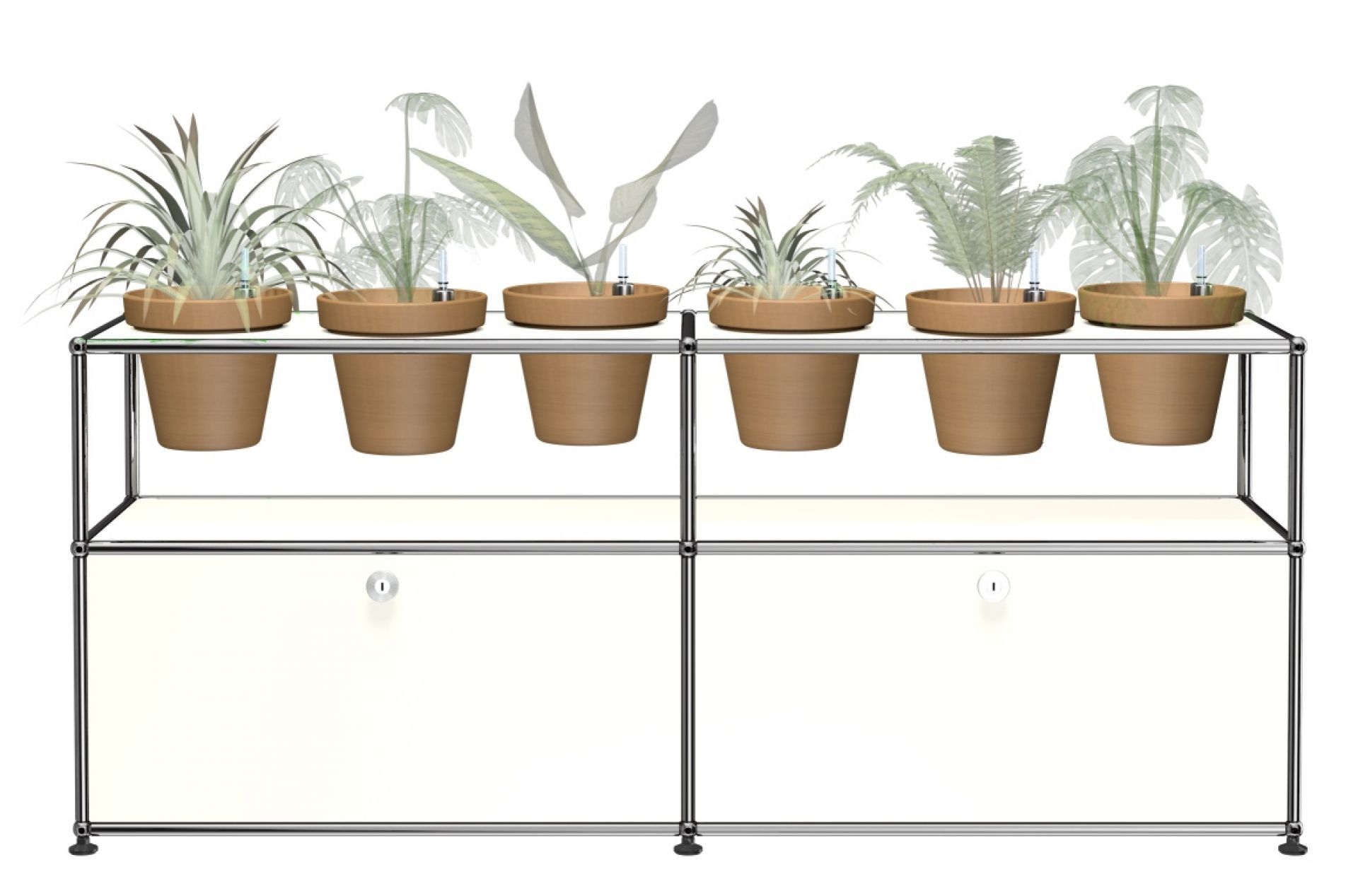 Pflanzenwelten Sideboard mit USM Haller in Reinweiss, bepflanzt mit sechs Zimmerpflanzen in Terrakotta-Töpfen.