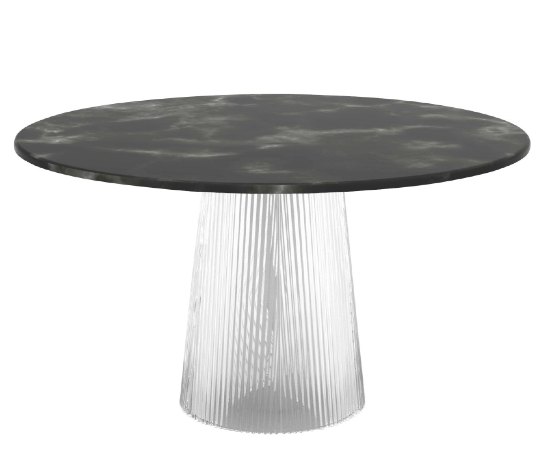 Runder Bent Dining Table von Pulpo mit grauer Tischplatte und transparentem Fuß.