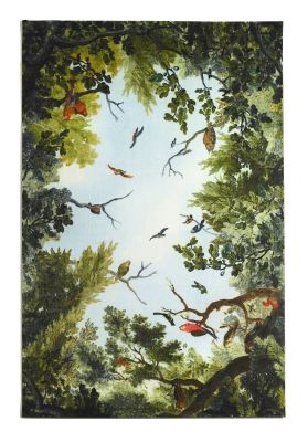 Cielo Teppich von Opinion Ciatti mit Waldmotiv: Bäume, Vögel und blauer Himmel.