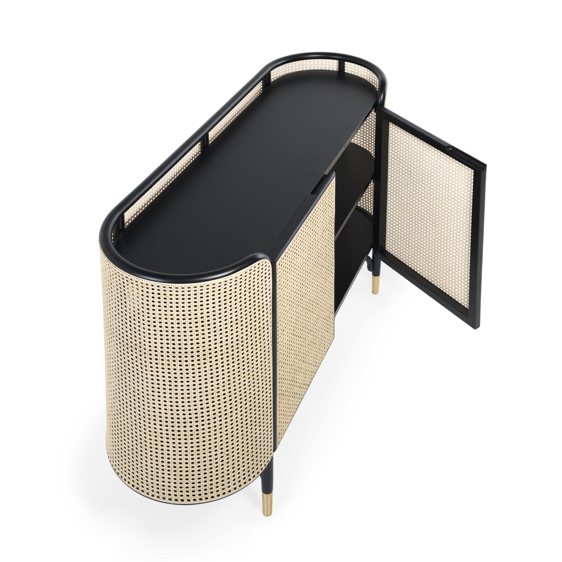 MOS CABINET Schrank von Wiener GTV Design mit Wiener Geflecht und offener Tür.