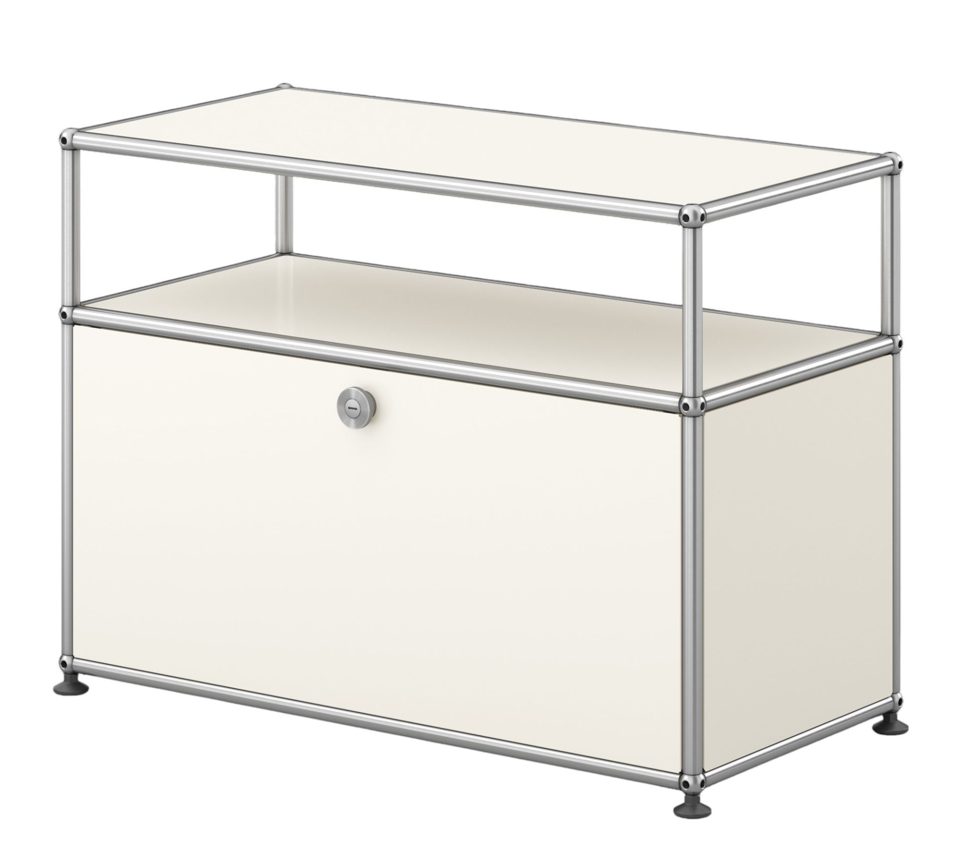 USM Haller Beistellmöbel in Reinweiß mit offener Ablage und abschließbarer Schublade, modernes Design.