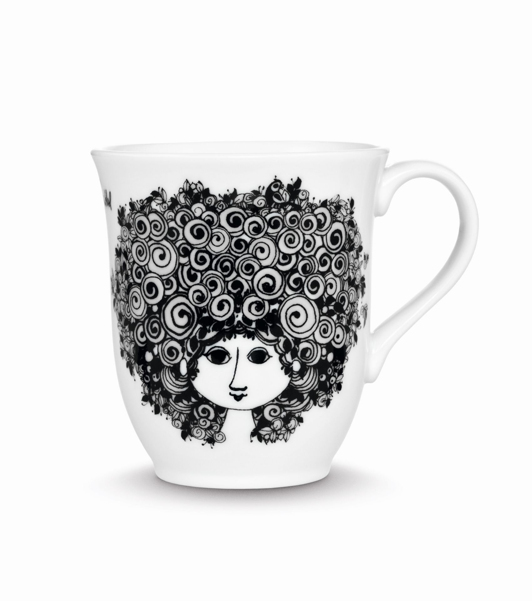 Rosalinde Becher von Bjorn Wiinblad: Weißer Keramikbecher mit schwarzem Frauengesicht und floralen Elementen.