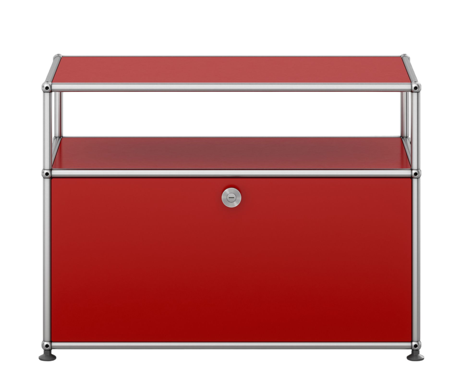 USM Haller Beistellmöbel in Rubinrot mit einer Klappe und verchromtem Gestell, modernes Design.