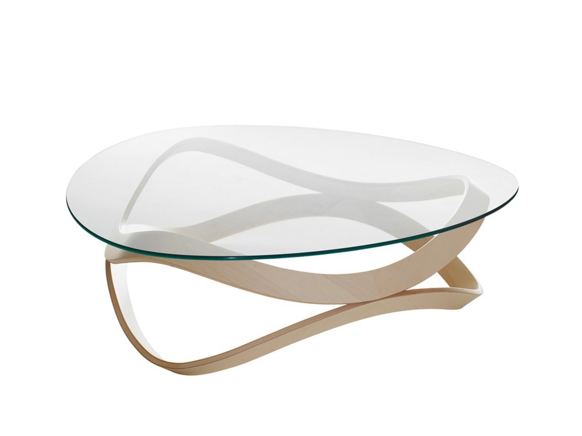 Newton Sofa Tisch von Karl Andersson & Soener mit runder Glasplatte und Holzgestell.