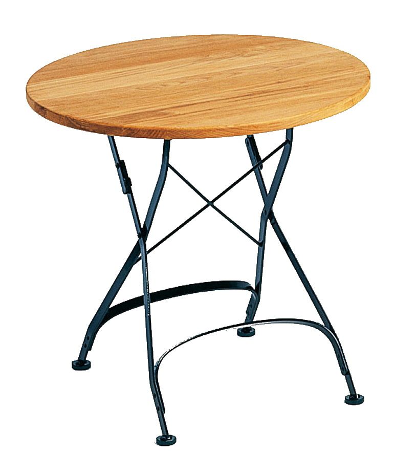 Weishäupl Klapptisch Classic Table mit runder Holzplatte und schwarzem Metallgestell für Garten und Balkon.