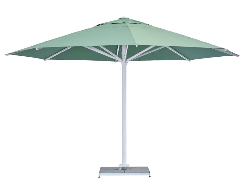 Weishäupl Sonnenschirm, Teleskopschirm in Grün mit weißem Gestell und quadratischem Schirmfuß für Garten und Terrasse.