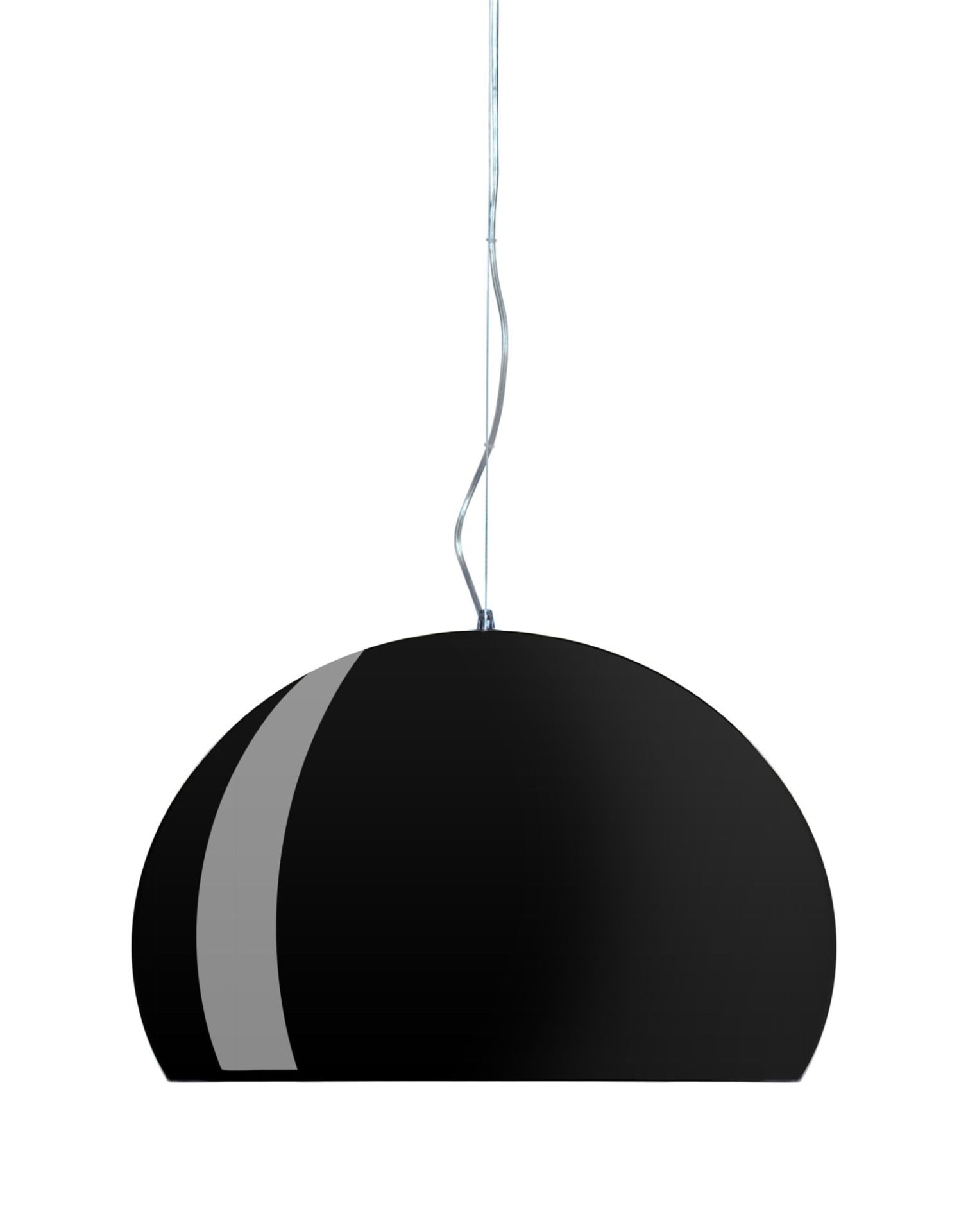 Schwarze Fly Pendelleuchte von Kartell, moderne Hängelampe mit grauem Akzent, Design-Beleuchtung für Wohnzimmer und Esszimmer.