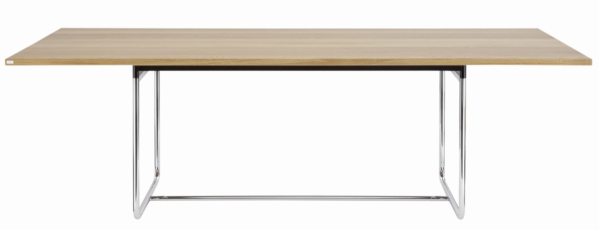 S 1070 Thonet Esstisch mit heller Holzplatte und verchromtem Stahlrohrgestell, modernes Design.