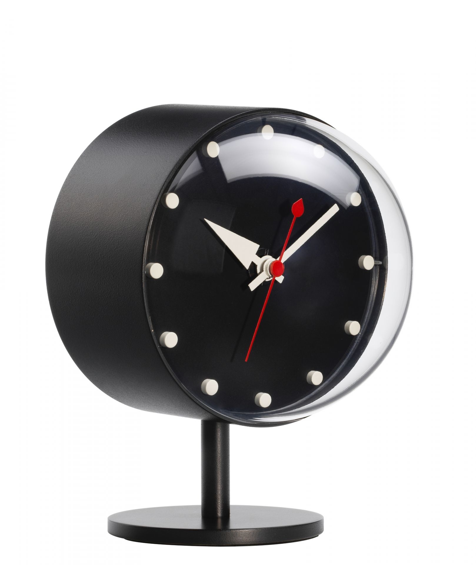 Schwarze Desk Clocks Night Clock Tischuhr von Vitra, minimalistisches Design mit rotem Sekundenzeiger.
